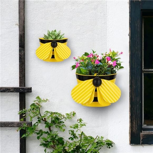 Set of 2 Bee Wall Hanging Planter Decor Art, Metal Wall Mounted Planters - Picture 2 of 8